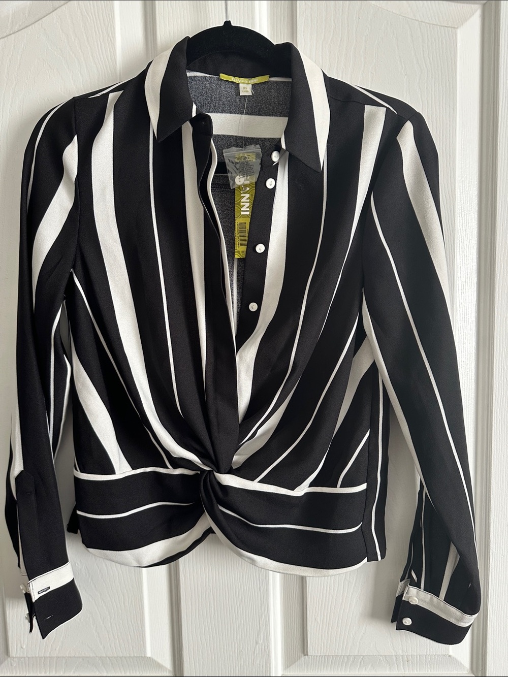 Gianni Bini Black & White Vertical Stripe Twist-Front Button Down Shirt